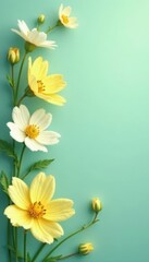 Obraz premium Dainty florals with pale yellow and mint hues, gentle illustrations, subtle texture