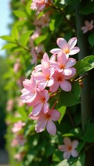 Dense cluster of jasmine flowers against a bright green leafy wall on a sunny day, lush garden, sunny wall