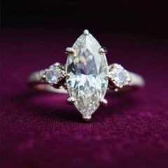 Elegant antique marquise diamond ring on dark velvet background, antique, opulence