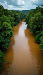 Drone footage of Nepean River overflowing its banks with murky brown water, muddy waters, environmental impact