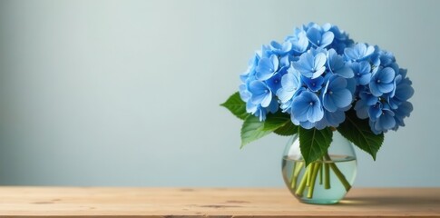 Elegant vase surrounded by lush blue hydrangeas, sitting on a simple wooden table , decoration, hydrangea