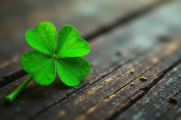 Emerald green lucky four-leaf clover on wooden surface, flower, Ireland