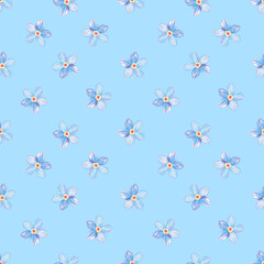 Seamless blue flower pattern background. Forget-me-not endless backdrop. Hand drawn floral watercolor repeating illustration for textile, wrapping, wallpaper, fabric, paper, cover, decor, fashion