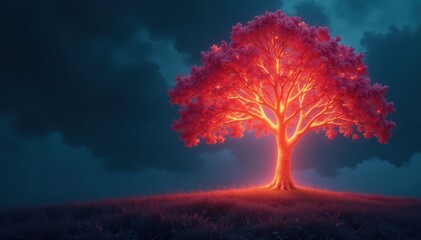 glowing tree with ethereal light pulsing through branches, luminescence, technology