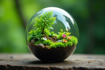 Glass globe containing lush greenery with ferns and flowers in a miniature ecosystem , miniaturization, world