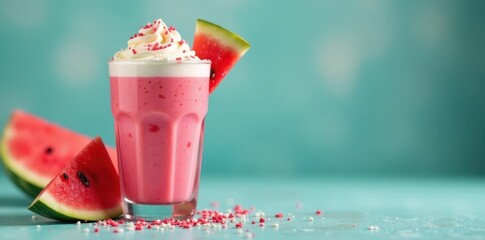 Glass filled with pink watermelon smoothie, topped with whipped cream and sprinkles, dessert, refreshing