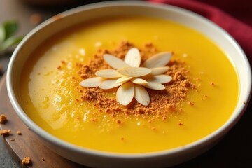 Golden brown kheer dessert garnished with sliced almonds and a sprinkle of cinnamon powder in a large serving dish, kheer, sweet treat