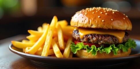Golden French fries piled high on a plate alongside a steaming hot burger patty, lunch, meal