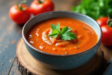 Gray bowl filled with chilled gazpacho featuring fresh tomatoes and herbs, gazpacho, bowl