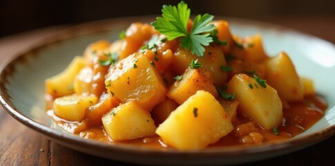 Hearty potato dish topped with rich and creamy gravy, savory, delicious