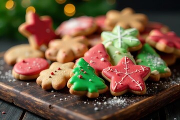 Homemade Christmas cookie assortment on a rustic wooden table , kitchen counter, holiday snacks