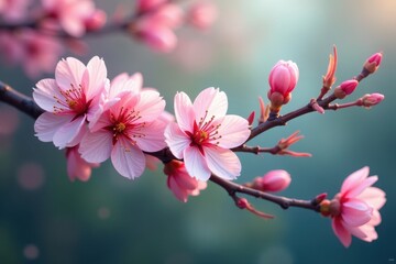 Intricate cherry blossom branch weaving together with delicate vines and leaves , Leaves, Cherry blossoms