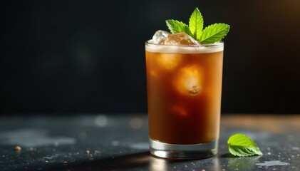 Icy glass filled with a velvety coffee drink topped with crushed ice and a few fresh mint leaves, creamy, refreshing
