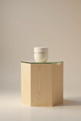 Light wooden pedestal with modern glass shelf displaying a sleek product on a neutral background, modern glass, neutral background