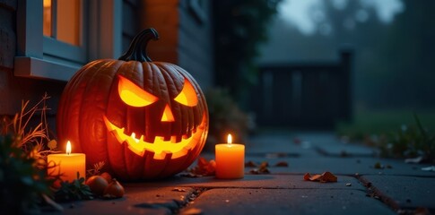 Jack o lantern carved with spooky face and lit by flickering candles on a dark porch, glowing pumpkins, candle lights