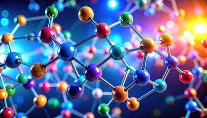 Highly detailed colorful molecular structure with vibrant atoms and bonds representing complex scientific chemical model or molecule visualization for educational use