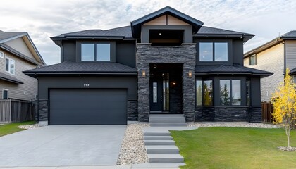 Modern home exterior with dark gray facade and stone accents.