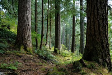 Obraz premium Scenic landscape of tree trunks of fir trees in a temperate rainforest