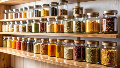 Wide shot of organized glass jars filled with colorful spices and herbs on wooden shelves in a rustic kitchen for cooking and seasoning ingredients display