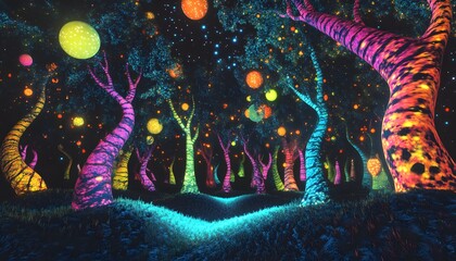A vibrant, glowing forest scene at night.