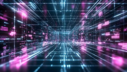 Futuristic digital tunnel filled with glowing data streams.