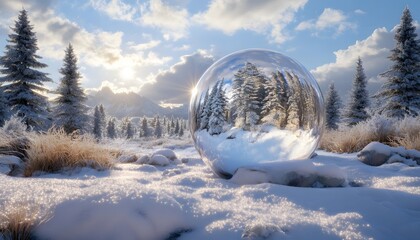 Winter wonderland scene reflected in a clear sphere.