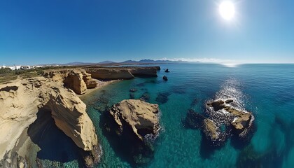 Coastal cliffs meet turquoise water.