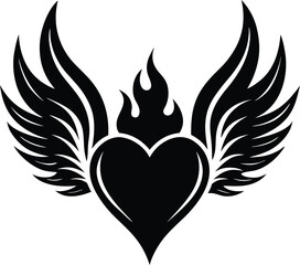 Flaming Heart with Wings Silhouette
