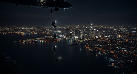 Special Forces Rappelling from Helicopter Over Night City – Dynamic Aerial Angle with Urban Lights, Cinematic 4K Tactical Insertion Scene