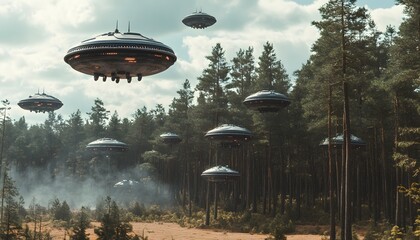 Numerous unidentified flying objects hover over a dense forest.