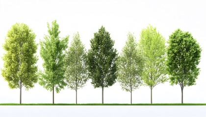 Row of diverse trees against a plain background.