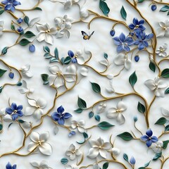 Seamless 3D pattern of white and blue flowers with golden branches and a butterfly on a subtly textured white background, elegant and enchanting