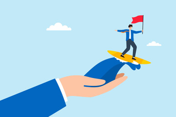 Flat illustration of businessman leader surfing on giant hand wave of support while holding flag to symbolize business achievement and trust