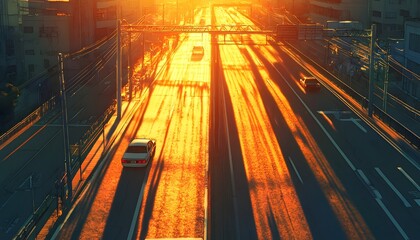Highway at sunset, sunbeams and shadows.