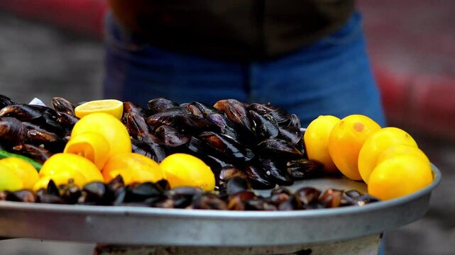 Midye Dolma Stuffed Mussels Street Food in Turkey - 120fps Slow Motion 4K Footage