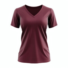 Plain maroon V-neck t-shirt 3D mockup showcasing front view for women's casual wear presentation on white background.
