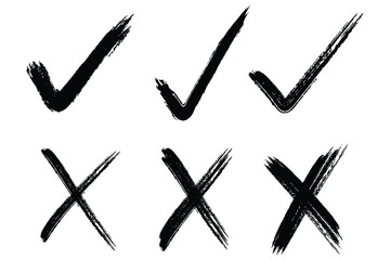 Hand drawn check tick mark icon set. x marks, checkboxes, and checklist symbols including right and wrong signs in brush marker style. © Hike Studio 444