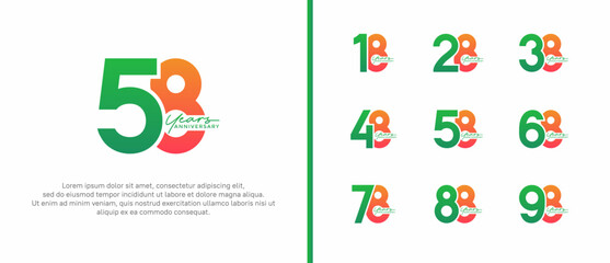 set of anniversary logo flat green and orange color on white background for celebration moment