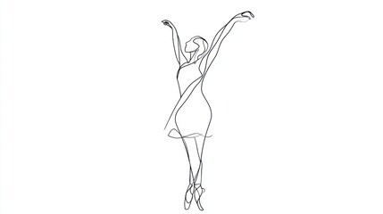 Minimalist line art depiction of a ballerina en pointe with arms raised against a clean white backdrop