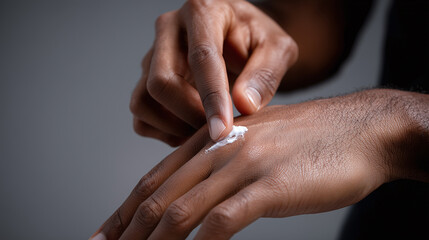 Man applying hand cream on back of his hand, moisturizing dry skin with smooth texture and natural light. Close up of dark skin care routine for healthy hands