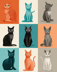 A grid of nine colorful cat illustrations with different background colors