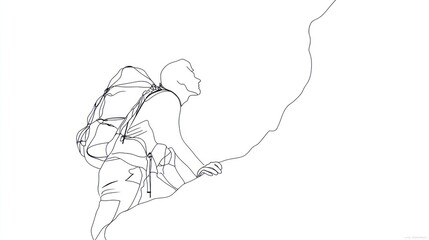 Obraz premium Dynamic silhouette of a mountain climber conquering heights with a large backpack against a minimalist background