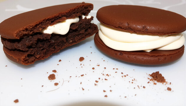 Two chocolate sandwich cookies with cream filling, isolated on transparent background with crumbs. - Powered by Adobe