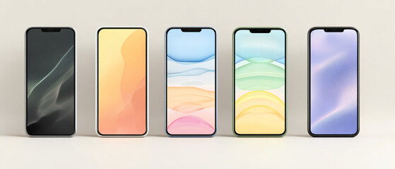 Five smartphones standing in a row with colorful screen displays showing