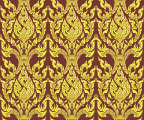  Traditional Thai art seamless pattern bold gold colored in damask style motifs suitable for wallpaper, curtain, cloth, textile, tile and fabric design isolated over red background.