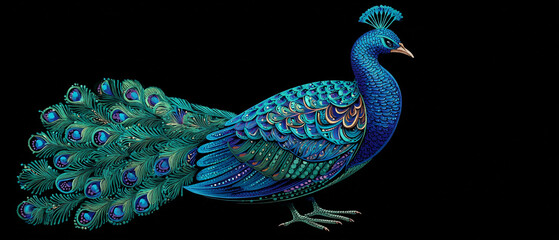 Illustration of a vibrant peacock with intricate feather details on black
