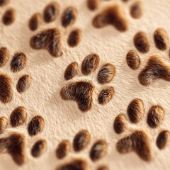 Close up of a light colored textured surface with brown paw print designs