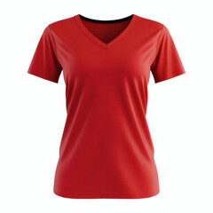 Plain red V-neck t-shirt 3D mockup showcasing front view for women's casual wear presentation on white background.