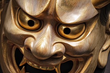 Intricate Japanese Oni Mask, golden accents, detailed woodcarving, fierce expression, traditional art, cultural artifact, demonic features, ornate design, Asian heritage, mythical creature