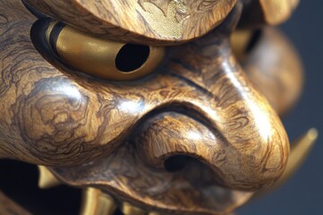 Intricate Japanese Oni Mask, golden accents, detailed woodcarving, fierce expression, traditional art, cultural artifact, demonic features, ornate design, Asian heritage, mythical creature